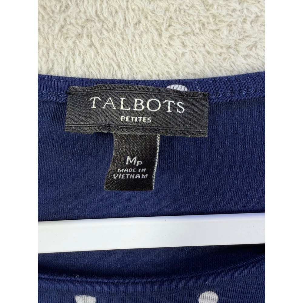Talbots Polka Dot Top Women Petites MP Blue Short Sleeve Side Tie Soft Knit - Picture 3 of 7